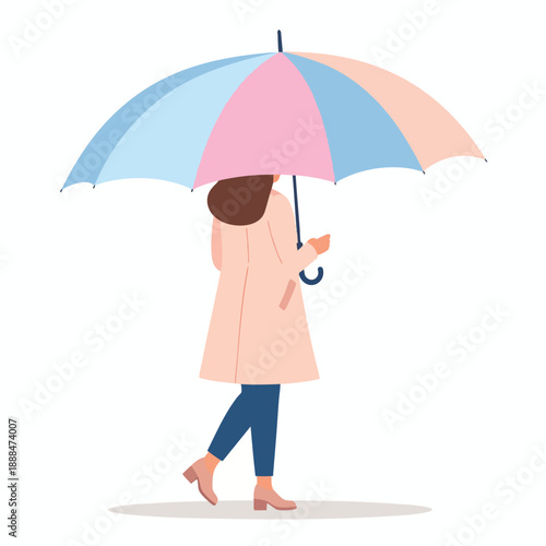 Woman walking alone under a colorful umbrella on a rainy day in a city street illustration