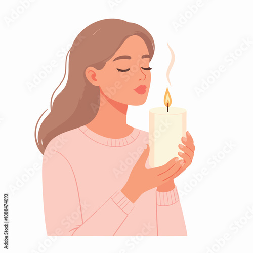 Serene illustration of a woman holding a lit candle with closed eyes, conveying tranquility and peacefulness in a minimalist style