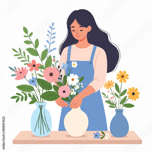 Woman arranging flowers in a vase on a table with various vases and bouquets around her