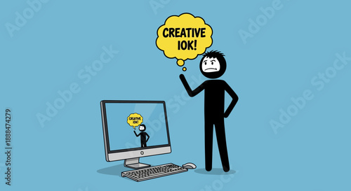 Stick figure with beard thinking about a creative joke on computer.