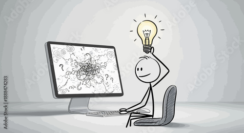 Stick figure with glowing lightbulb idea above head sitting at computer.