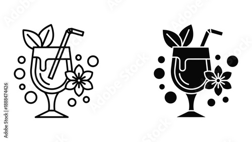 Cocktail glass with flower and leaves illustration