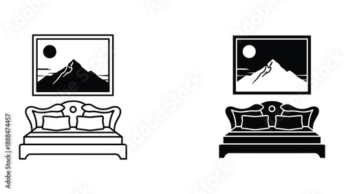 Black and white illustration of living room with sofa and painting