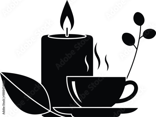 Black silhouette of a lit candle with a steaming cup of coffee and leaves