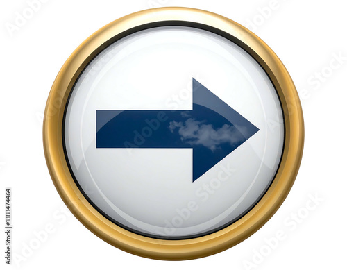 Free Download A golden-framed circular button with a glossy white interior and a navy-blue arrow pointing right - GFXLoad