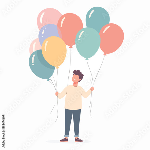 Man holding multiple colorful balloons in a joyful scene from a front view