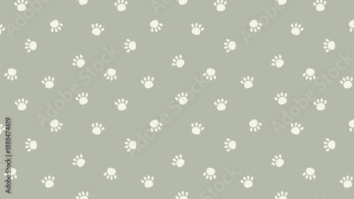 Seamless pattern with white hand drawn paw prints on sage green background, cute cat or dog footprint vector illustration