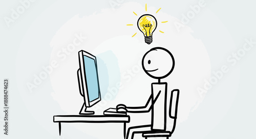 Stick figure working on computer gets a bright idea.