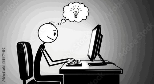 Stick figure working on computer having a bright idea.
