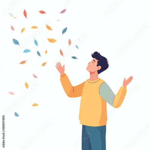A young man joyfully catching colorful leaves floating in the air with outstretched arms in a vibrant illustration