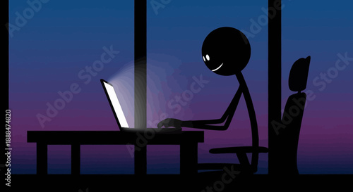 Stick figure working late on a laptop computer in a dark room.