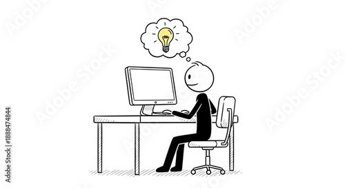 Stick figure working at a computer with a bright idea lightbulb above head.