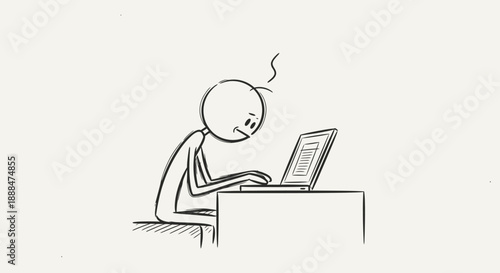 Stick figure working diligently on a laptop computer.