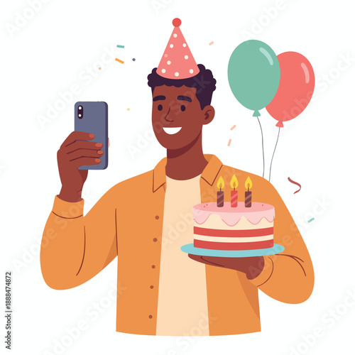 A young man taking a selfie with a birthday cake and balloons while wearing a party hat