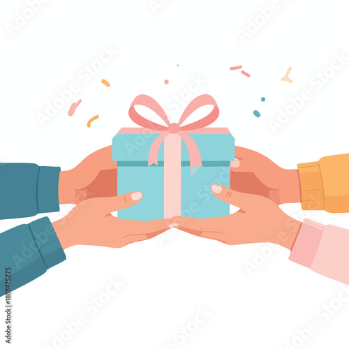 Multiple hands passing a gift box with a ribbon at a celebration or exchange event