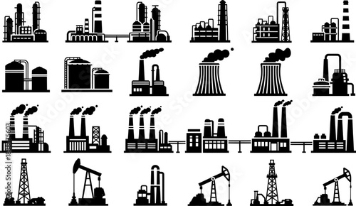 Factory, power plant industrial icons. Factory, power plant, oil refinery and oil processing plant industrial icon. Transparent background EPS version.