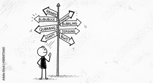 Stick figure stands at a crossroads signpost with many directions.