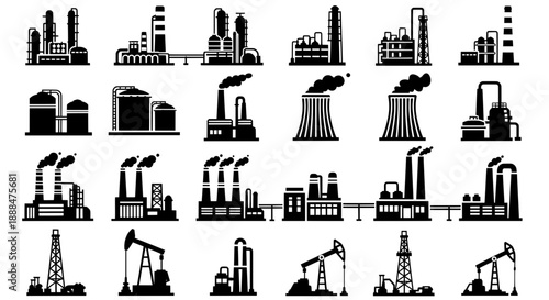 Factory, power plant industrial icons. Factory, power plant, oil refinery and oil processing plant industrial icon. Transparent background SVG version.