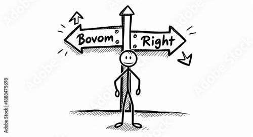 Stick figure stands at a crossroads sign pointing left and right.