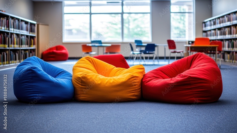 Obraz premium Colorful bean bags in a library setting, promoting relaxation and collaboration.