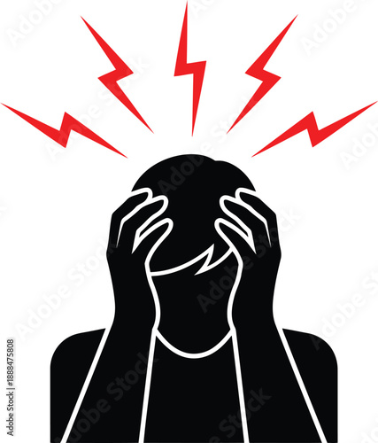 Silhouette of person with hands on head and red lightning bolts