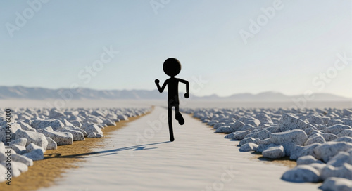 Stick figure running on a path in a desolate landscape.