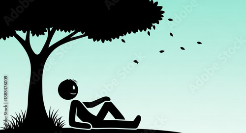 Stick figure relaxing under a tree enjoying nature.