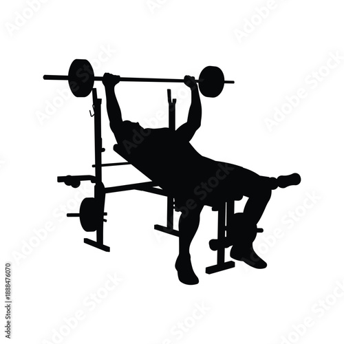 Man Performing Barbell Bench Press Exercise Silhouette on Adjustable Bench Isolated on White Background for Strength Training and Fitness Concept