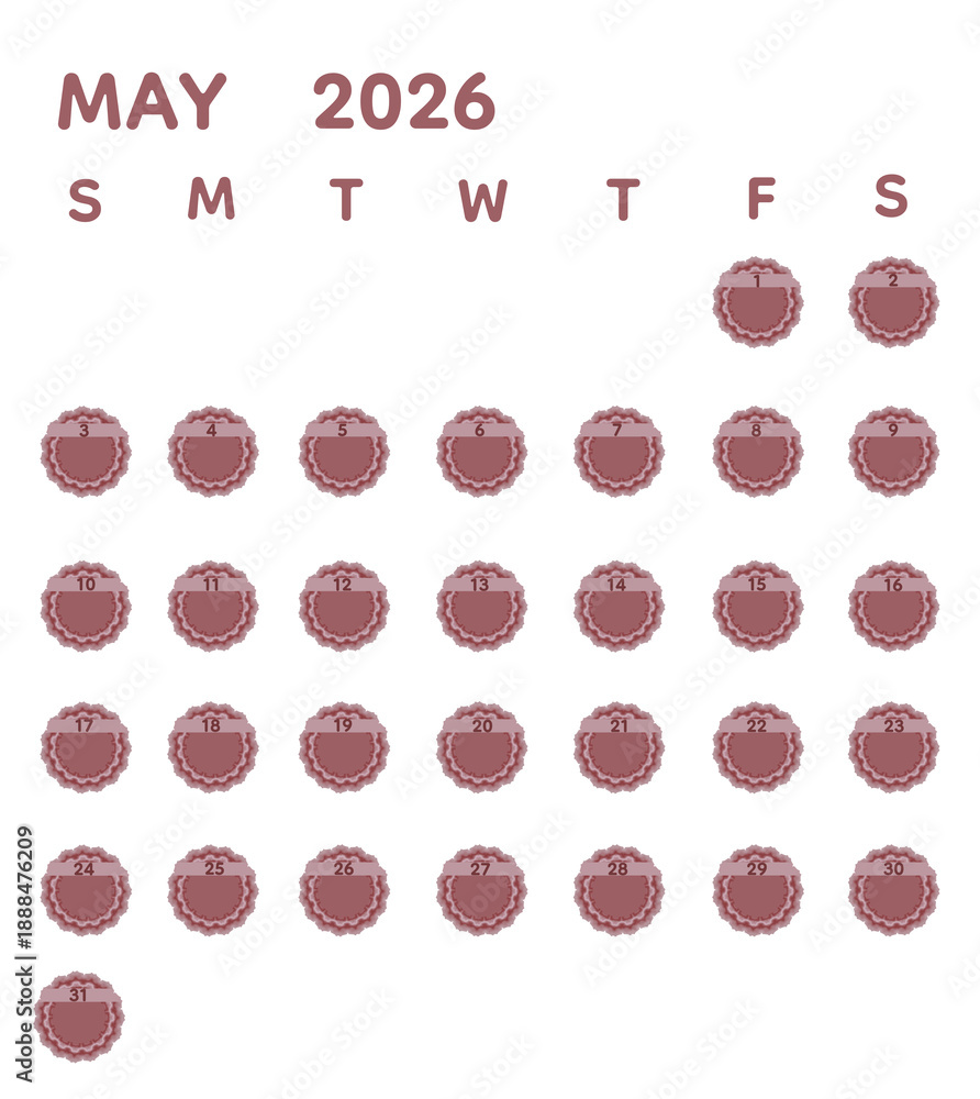 Fototapeta premium May 2026 monthly calendar illustration designed in soft brownish pink tones with decorative floral date frames. The transparent background and minimal layout provide flexible empty space 
