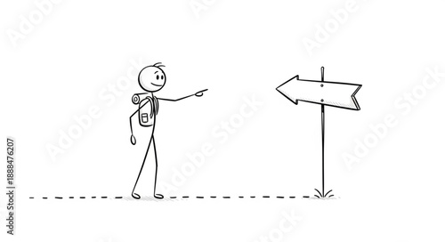 Stick figure traveler points to a directional signpost indicating a choice.
