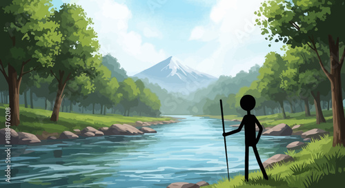 Stick figure traveler with a staff by a flowing river in a lush green forest.