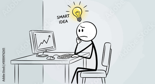 Stick figure thinking hard at computer with bright idea lightbulb above head.