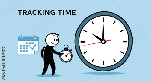 Stick figure tracking time with clock and calendar.