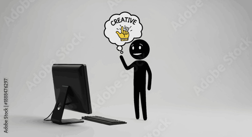 Stick figure thinking about creative ideas next to a computer.