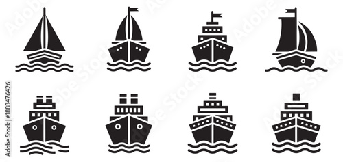 Collection of sailing and cruise ship icons in black and white