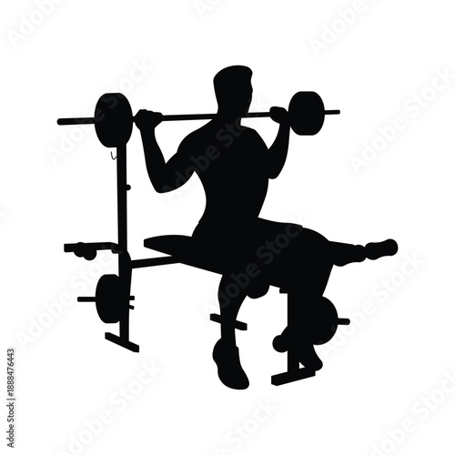 Man Performing Seated Barbell Shoulder Press Exercise Silhouette Isolated on White Background for Strength Training and Fitness Concept