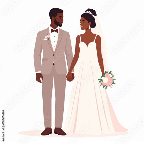 Couple in love standing together holding hands on their wedding day celebration