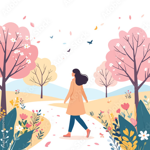 A serene woman walking alone on a winding path surrounded by vibrant flowers and trees in full bloom