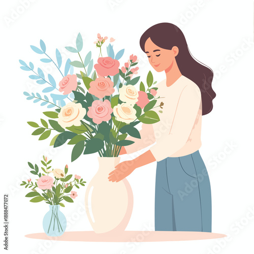 Woman arranging flowers in a vase on a table, viewed from the side in a simple illustration style.