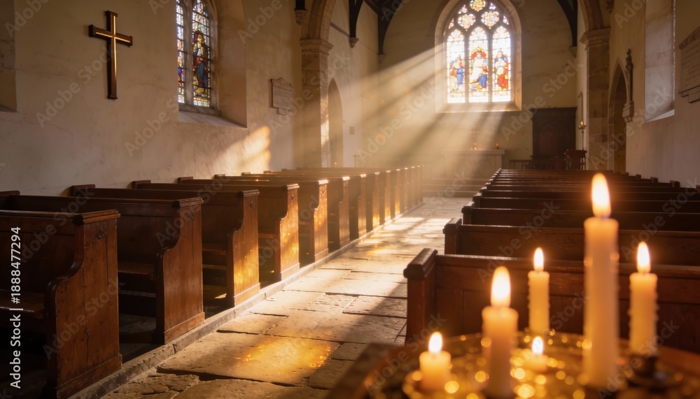 Fototapeta premium Soft Sunlight Through Church Window with Candles Peaceful Mood