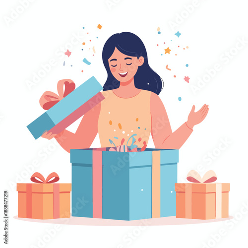 Woman happily opening a large gift box surrounded by smaller gift boxes in a celebratory atmosphere
