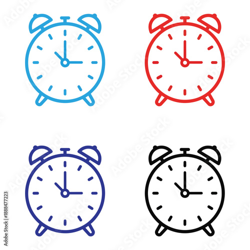 Set of four different colored alarm clocks on white background