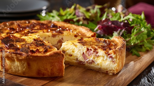 Savory quiche Lorraine with a slice removed sits freshly baked on a rustic wooden board next to a.