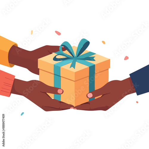 Hands exchanging a beautifully wrapped gift box with a blue ribbon