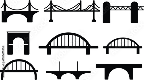 Black bridge icon mega set showing suspension arch truss and modern bridge silhouettes isolated on white background for infrastructure design