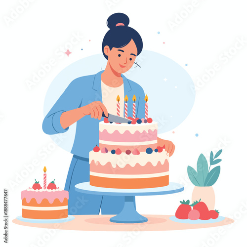Woman cutting a multi-layered birthday cake with candles, surrounded by strawberries and a potted plant on a table