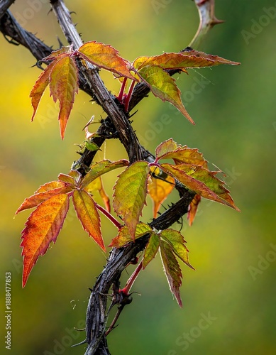 Autumn leaves cling to a thorny vine, with blurred bokeh background
