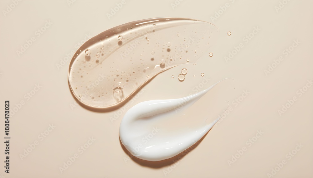 Fototapeta Cosmetic creams and serums on a neutral beige background.