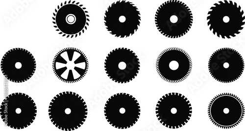 Black circular saw blade silhouette icon set showing different cutting disc shapes isolated on white background for industrial woodworking design