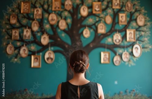 Woman looks at family tree on wall with ancestor photos. Genealogy research shows generational lineage, roots, past, and identity. Heritage connects present to origin.